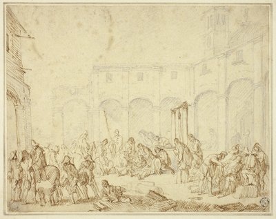 Soldados heridos en un patio de la plaza del pueblo de Cornelis de Wael