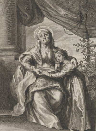 La educación de la Virgen, con Santa Ana sentada en un banco mirando hacia arriba de Cornelis van Caukercken