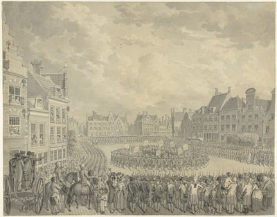 Juramento del Colegio de Comisarios por los oficiales de artillería en el Neude en Utrecht, 1786 de Cornelis van Cuylenburgh (II) (signed by artist)