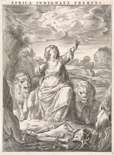 Personificación femenina del continente africano como mujer con piel de león sentada entre leones Africa indignata fremens (título sobre objeto) Cuatro continentes (título de la serie) de Cornelis van Dalen (II)