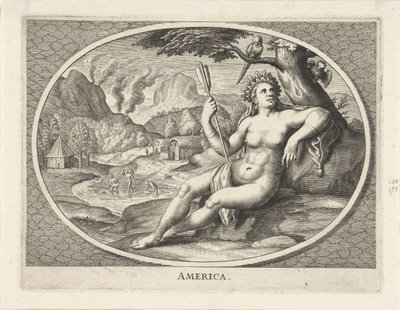 Personificación femenina del continente americano como mujer con un tocado de plumas y una flecha en un paisaje América (título sobre objeto) de Cornelis van Dalen (II)