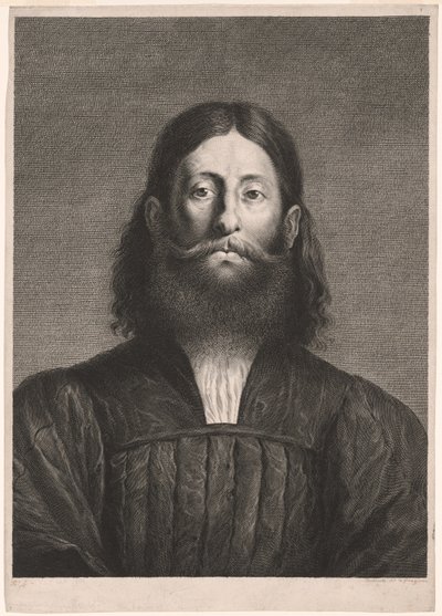Retrato de hombre barbudo (llamado retrato de Giorgione), del Gabinete Reynst; Variarum imaginum a celeberrimis artificibus pictarum Caelaturae (Gabinete Reynst: Grabados de diversas imágenes pintadas por artistas famosos). de Cornelis van Dalen II