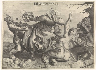 Una mujer que pisotea a su marido Mans-hant arriba (título en el objeto) de Cornelis van Kittensteyn