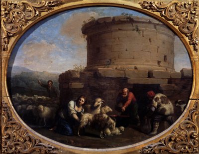 Pastores, rebaños y agricultores en una fuente de Roma (óleo sobre lienzo) de Cornelis van Poelenburgh