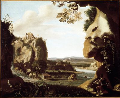 Orfeo tocando el violín a la entrada del infierno de Cornelis van Poelenburgh or Poelenburch