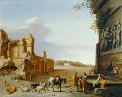 Ruinas de la antigua Roma con un bajorrelieve que representa el sacrificio de Marco Aurelio ... de Cornelis van Poelenburgh or Poelenburch