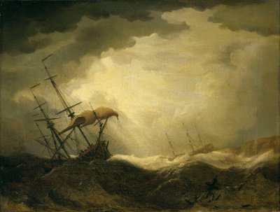 Barcos llegando a una costa rocosa con mar gruesa, finales del siglo XVII (óleo sobre lienzo) de Cornelis van de Velde