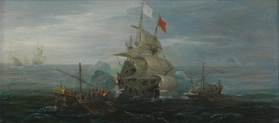 Un barco francés y piratas bárbaros, c.1615 (óleo sobre tabla de roble) de Cornelius Bol