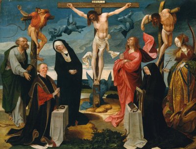 La crucifixión con donantes y santos Pedro y Margarita de Cornelius Engebrechtsz