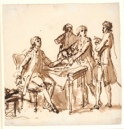 Cuatro hombres discuten un proyecto en una mesa de Cornelius Høyer