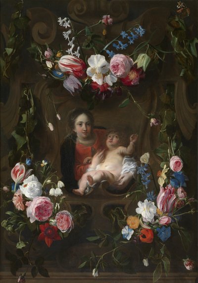 Virgen rodeada de una guirnalda de flores (óleo sobre tabla) de Cornelius I Schut