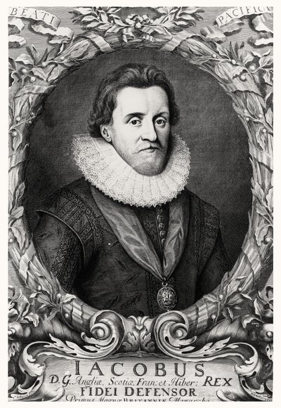 Retrato de James I, Rey de Gran Bretaña, grabado por R.White de Cornelius I after Johnson