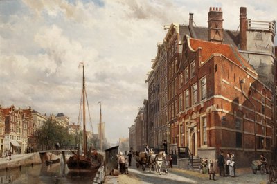 Vista del Makelaers Comptoir en el Nieuwezijds Voorburgwal, Ámsterdam, 1883 de Cornelis Springer