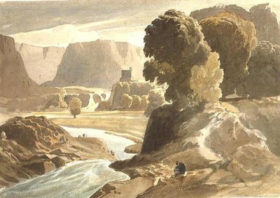 Paisaje montañoso con un castillo (posiblemente una vista en Gales), c.1802-3 de Cornelius Varley
