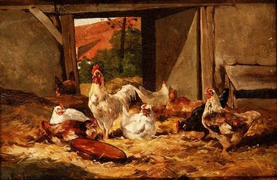 Gallinas en un granero (uno de un par) de Cornelius van Leeputten