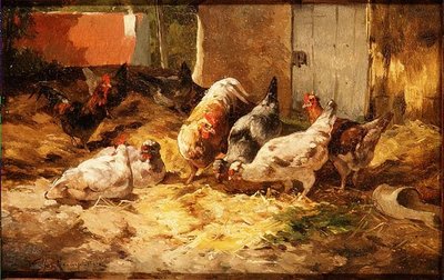 Pollos en un granero de Cornelius van Leeputten