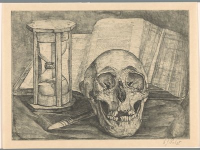Bodegón con una calavera, un reloj de arena, un libro y un cuchillo de Corrie Pabst (signed by artist)