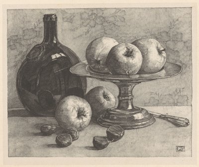 Bodegón con una botella, un cuenco, manzanas, castañas y un cuchillo de Corrie Pabst