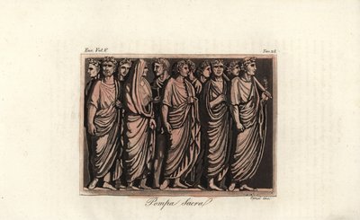Nobles romanos con coronas de laurel y toga en un rito de sacrificio de Corsi Corsi