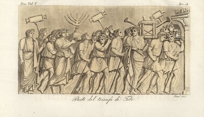 Soldados romanos marchan en procesión con botines de guerra o spolia en el Arco de Tito, el arco de triunfo que celebra la victoria del emperador Tito sobre Jerusalén de Corsi Corsi