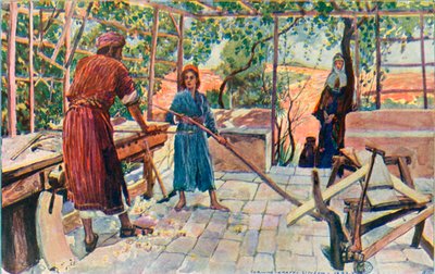 Jesús trabajando en casa con José y María de Corwin Knapp Linson