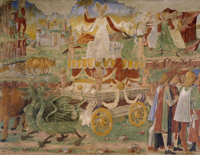 Triunfo de Ceres, escena del Mes de Agosto, atribuida a Cosimo Tura (circa 1430-1495) y al Maestro de Ercole, fresco, pared norte, Salón de los Meses, Palacio Schifanoia (Palacio de la Alegría), Ferrara, Detalle, Italia, circa 1470 de Cosimo (attr. to) Tura