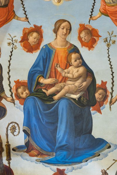 Virgen con el Niño en la gloria, San Ambrosio, San Francisco de Asís, Dios Padre y ángeles