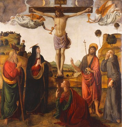 La Crucifixión con la Madonna, Santos Juan Bautista, María Magdalena, Andrés y Francisco, 1503 de Cosimo Rosselli