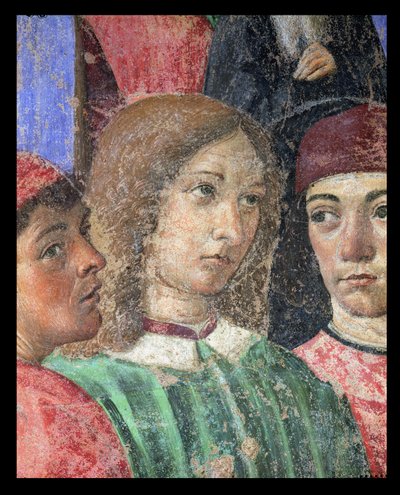 La Procesión del Obispo Frente a la Iglesia de S. Ambrogio, detalle de Poliziano, Pico della Mirandola y Marsilio Ficino (detalle) de Cosimo Rosselli