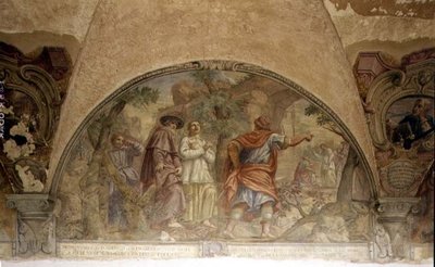 San Domingo convirtiendo a un hereje, luneta del ciclo de frescos de la Vida de San Domingo, en el claustro de San Domingo, c.1698 de Cosimo Ulivelli