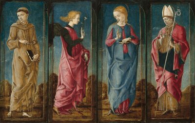 La Anunciación con San Francisco y San Luis de Tolosa [cuatro paneles], c. 1470-1480 de Cosmè Tura