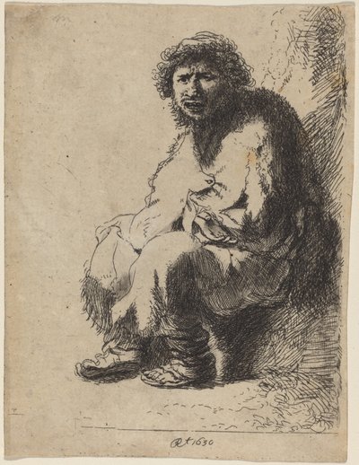 Mendigo sentado en un banco de Costantino Cumano after Rembrandt van Rijn