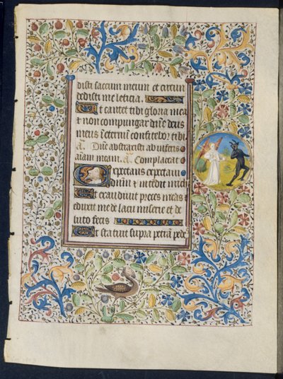 Hoja de un Libro de Horas: Ángel Persiguiendo a un Diablo (recto) y Dos Diablos (verso), c. 1460 de Coëtivy Master