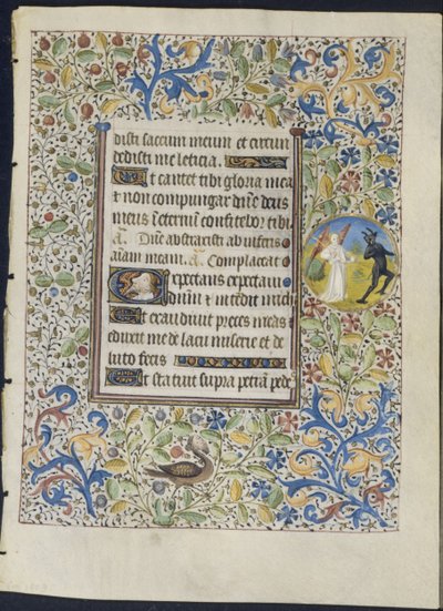Hoja de un libro de horas: Ángel persiguiendo a un diablo (recto), c. 1460 de Coëtivy Master