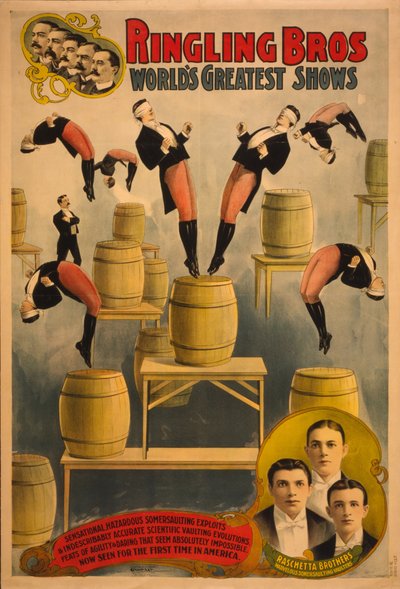 Ringling Bros, los espectáculos más grandes del mundo, hermanos Raschetta, maravillosos voladores de volteretas, c. 1900 de Courier Company Lith.