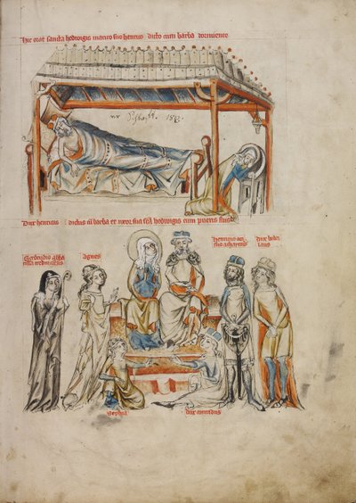 Heinrich durmiendo y Hedwig rezando. Heinrich y Hedwig con sus hijos, 1353 de Court workshop of Duke Ludwig I