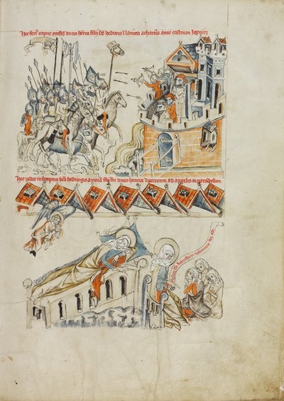 Los tártaros llevan la cabeza de Heinrich ante el castillo de Liegnitz; Santa Eduviges ve en sueños el alma de su hijo llevada al cielo de Court workshop of Duke Ludwig I of Liegnitz and Brieg