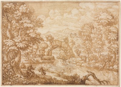 Paisaje fluvial con roca arqueada, segunda mitad de 1600 de Crescenzio di Onofrio