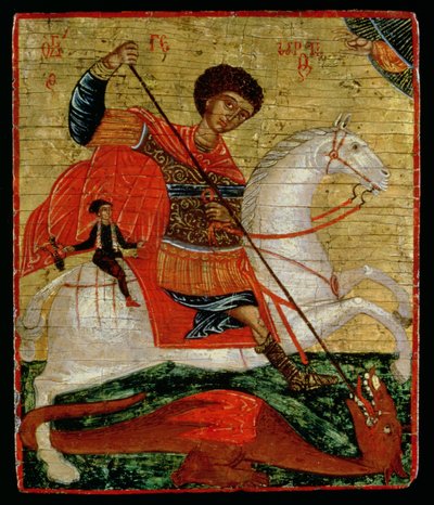 Icono de San Jorge y el Dragón (pan de oro y témpera sobre tabla) de Cretan School