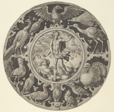 Aer en un borde decorativo con pájaros, de una serie de diseños circulares con el F... de Crispijn de Passe I