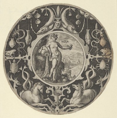 Aqua en un borde decorativo con criaturas marinas, de una serie de diseños circulares de Crispijn de Passe I