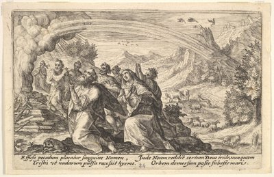 Dios entra en un pacto con Noé: junto a una pira humeante Noé se arrodilla en un gesto de p..., 1612 de Crispijn de Passe I