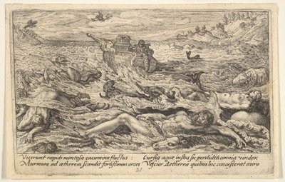 El diluvio destruye la vida en la tierra: cadáveres de humanos y animales a la deriva en primer plano, 1612 de Crispijn de Passe I