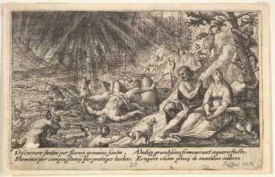 El comienzo del diluvio: hombres y mujeres suben a terrenos más altos a la derecha, el agua los alcanza, 1612 de Crispijn de Passe I