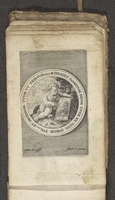 Putto con tableta Putti representando la palabra de Dios (título de la serie) Verbum Dei (título de la serie) de Crispijn van de Passe (I)