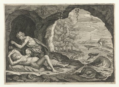 Peleo acecha a la dormida Tetis
Metamorfosis de Ovidio (título de la serie) de Crispijn van de Passe (II)