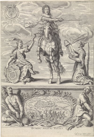 Retrato de Gaston Jean-Baptiste de Orleans, a caballo Dominó Fratri Regis. (título en el objeto) de Crispijn van de Passe (II)