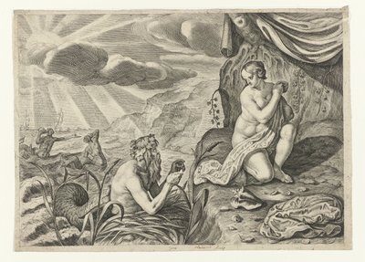 Escila huyendo de Glauco
Glaucio enamorado de Escila (título en el objeto)
Las Metamorfosis de Ovidio (título de la serie) de Crispijn van de Passe (II)