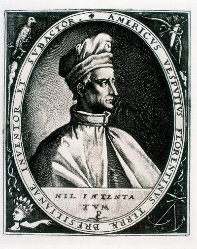 Retrato de Américo Vespucio, inscripción "Americus Vesputius Florentinus Terrae Bresilianae Inventoret Subactor" de Crispin I de (after) Passe