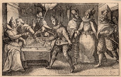 Una partida de backgammon con jugadores ambulantes - Grabado en cobre holandés; de un conjunto de impresiones, Hortus Voluptatem, de Crispin de Passe (1550-1643) - Una pareja jugando al backgammon sorprendida por cinco hombres enmascarados grabado por Cris de Crispin I de Passe
